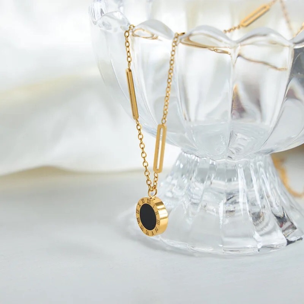 Dainty Titanium Double-Side Back/White Roman Numeral Round Pendant Neckl…